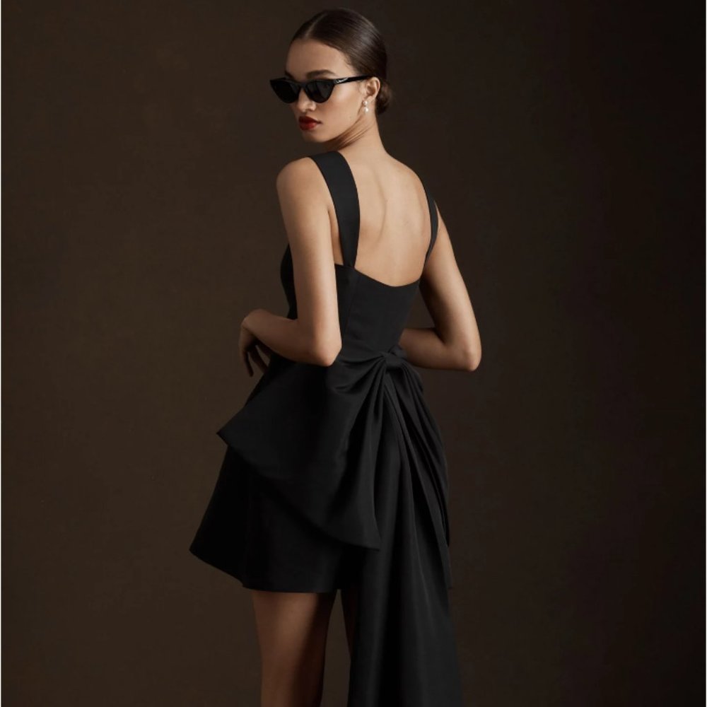 Sachin & Babi Blaine Taffeta Square-Neck Bow Train Mini Dress